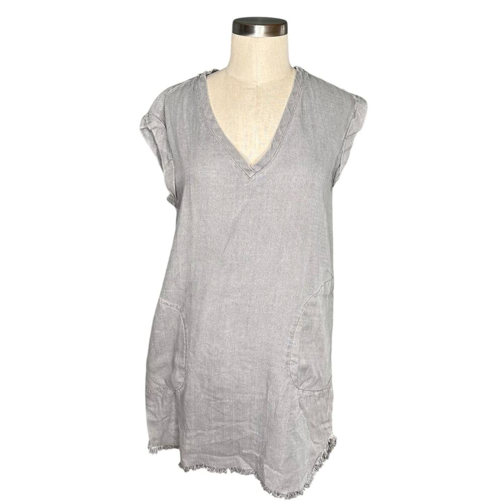 CLOTH & STONE Gray Blue Chambray Tencel Frayed Tunic Shirt Dress Mini Size Small